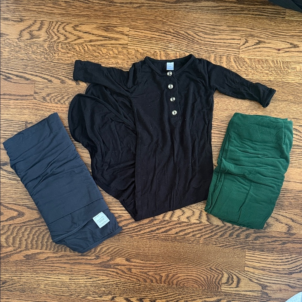 Lou Lou and company Black Button-Up Baby Gown with Green and Gray Swaddles